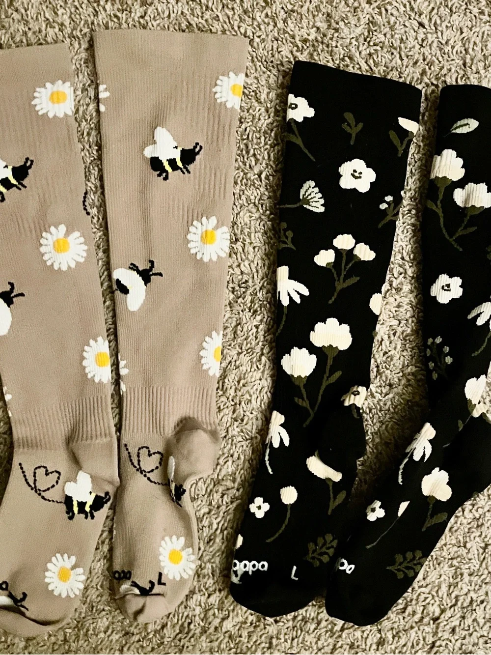Floral Knee-High Socks — Beige Daisy & Black Bloom (2-Pack)